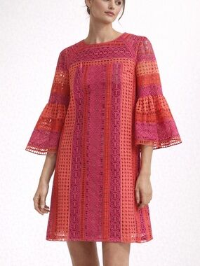 Trina Turk Lace Shift Dress Pink Orange Bell Sleeve Mini Dress Size 6